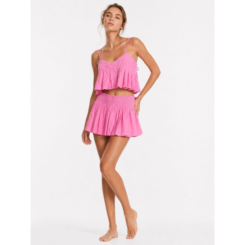 Free People Y2K Pink Ruffle Crop Top Sweetheart Bubble Hem Tie Back Sweet Size L